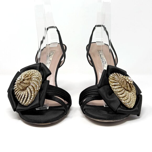 Oscar de la Renta Black Satin Crystal Bow Slingback Heels 36.5 - Picture 3 of 8